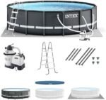 Intex Ultra XTR Frame 14' x 42" Round Above Ground Outdoor Swimming Pool Set with Sand Filter Pump, Ladder, Ground Cloth, and Pool Cover