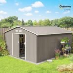 Outsunny 11' x 13' Outdoor Storage Shed, Garden Tool Metal Shed with Foundation Kit, Double Lockable Door, Air Vents and Sloping Roof, for Backyard, Patio, Lawn, Light Gray - Image 3
