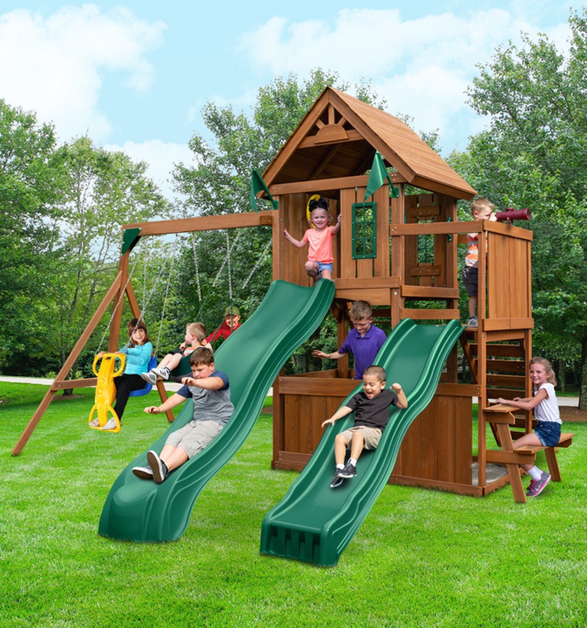 ss-SNS-KnightsbridgeDeluxe-Lifestyle__35163 Swing-N-Slide Knightsbridge Deluxe Wooden Outdoor Swing Set - Image 1
